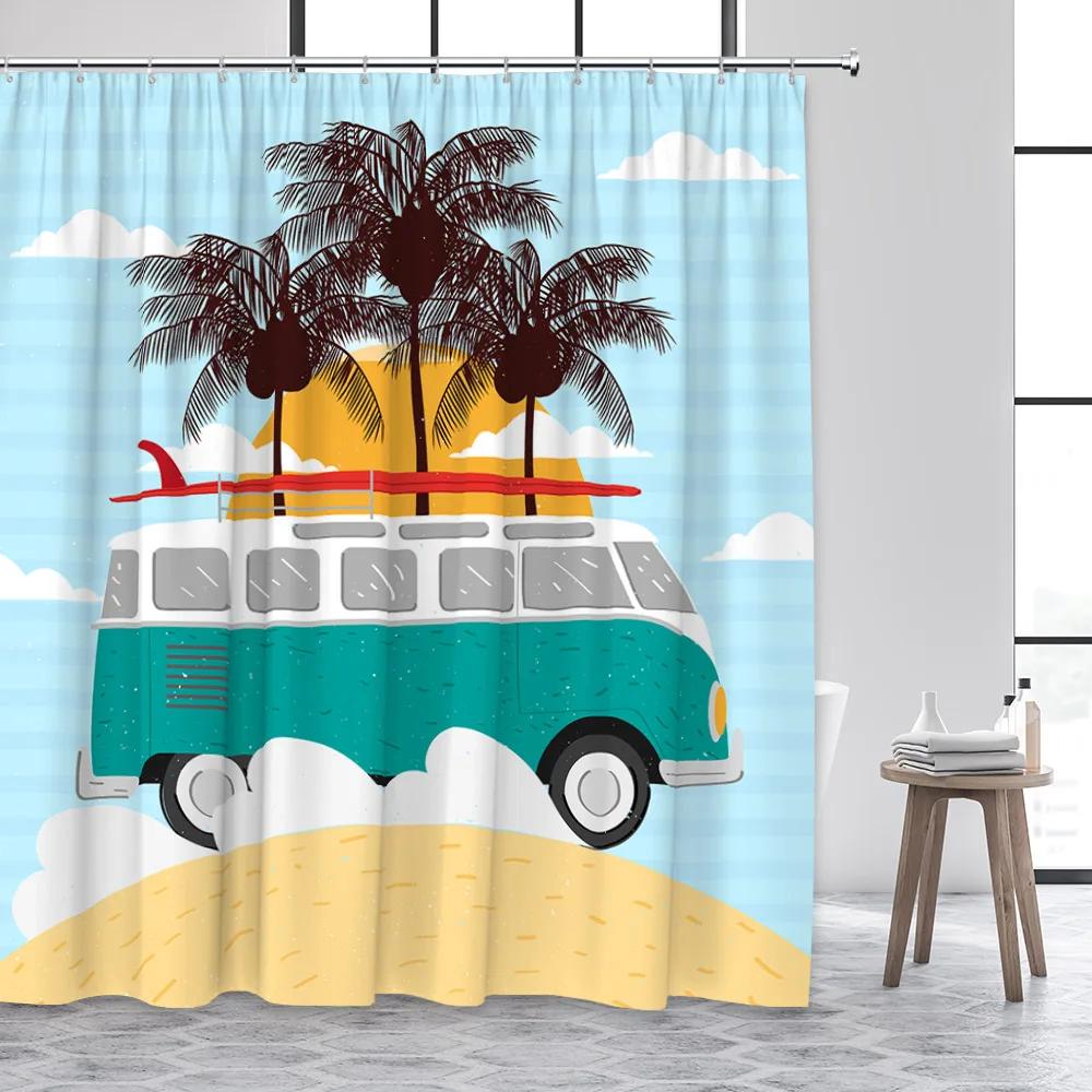 

Cartoon Summer Travel Shower Curtain Camper Skateboard Ocean Coconut Landscape Polyester Fabric Home Decor Hook Bathroom curtain 120x180cm-47x70in