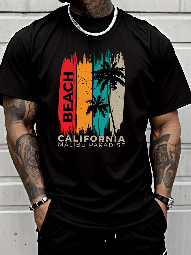 Unisex Crew Neck Tee California Beach Palm Tree Retro Print Short Sleeve Top Summer Vacation Daily Outdoor Loose Soft Casual Wear