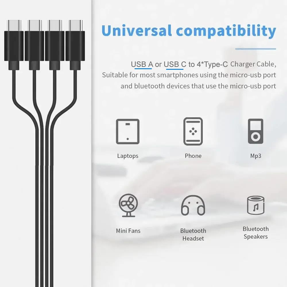 USB C Splitter Multi Charging Cable,USB A/C To Type C Charging Cord, with 4 Type-C Connectors for Cell Phones Tablets and More
