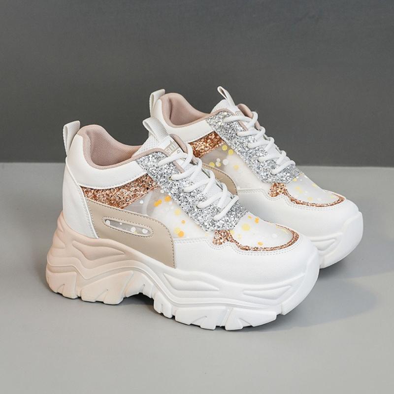 High Quality Women's Platform Shoes Summer Mesh Breathable Casual Shoe 2025 Fashion Sexy Sequin Lace-Up Sneakers Designer Brands