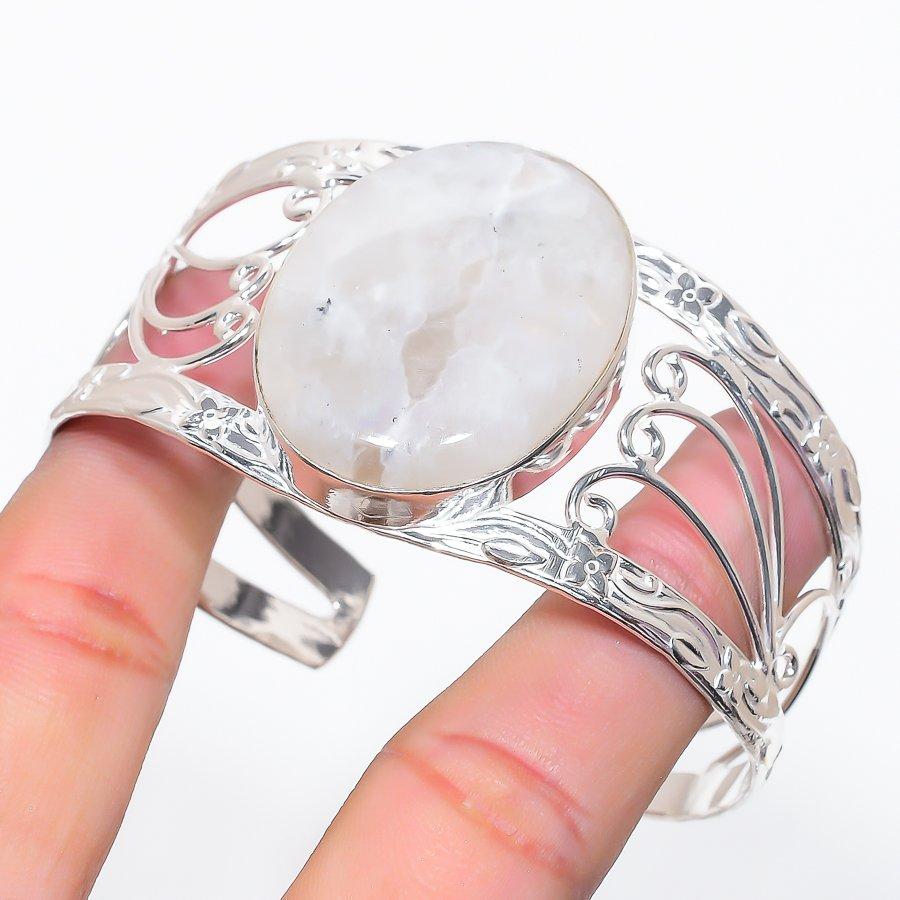 Natural Moonstone Gemstone 925 Sterling Silver Cuff Bangle Adjustable F6z19