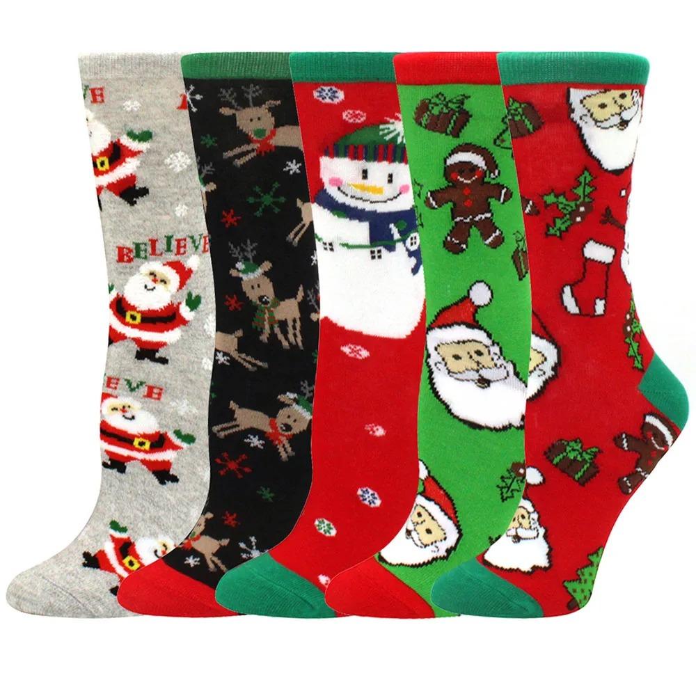 5 Pairs of Christmas Women's Socks with Reindeer and Christmas Tree Patterns, Warm Cotton Socks, Holiday Gift