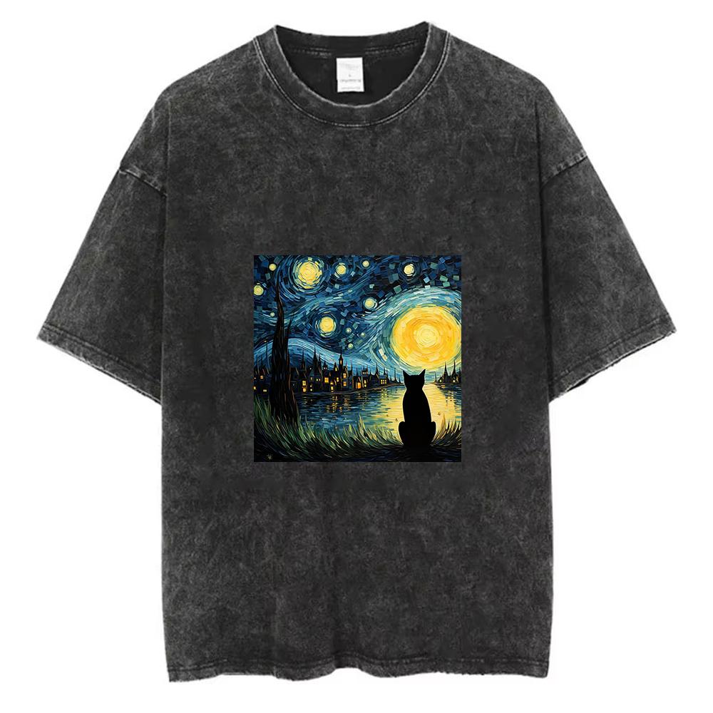 Vintage Washed Van Gogh Starry Night Black Cat Graphic Print Oversized T-Shirt Casual Loose Short Sleeve Tee for Cat