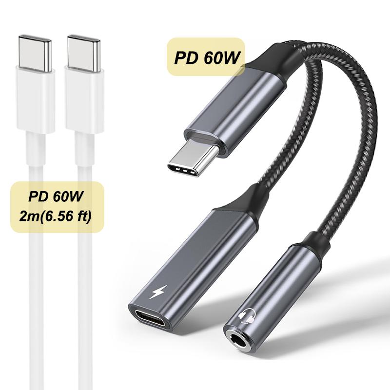 2 In 1 Type C Audio Adapter PD 60W Fast Charging USB C To 3.5mm Jack Adapter for 15/16 Samsung Huawei