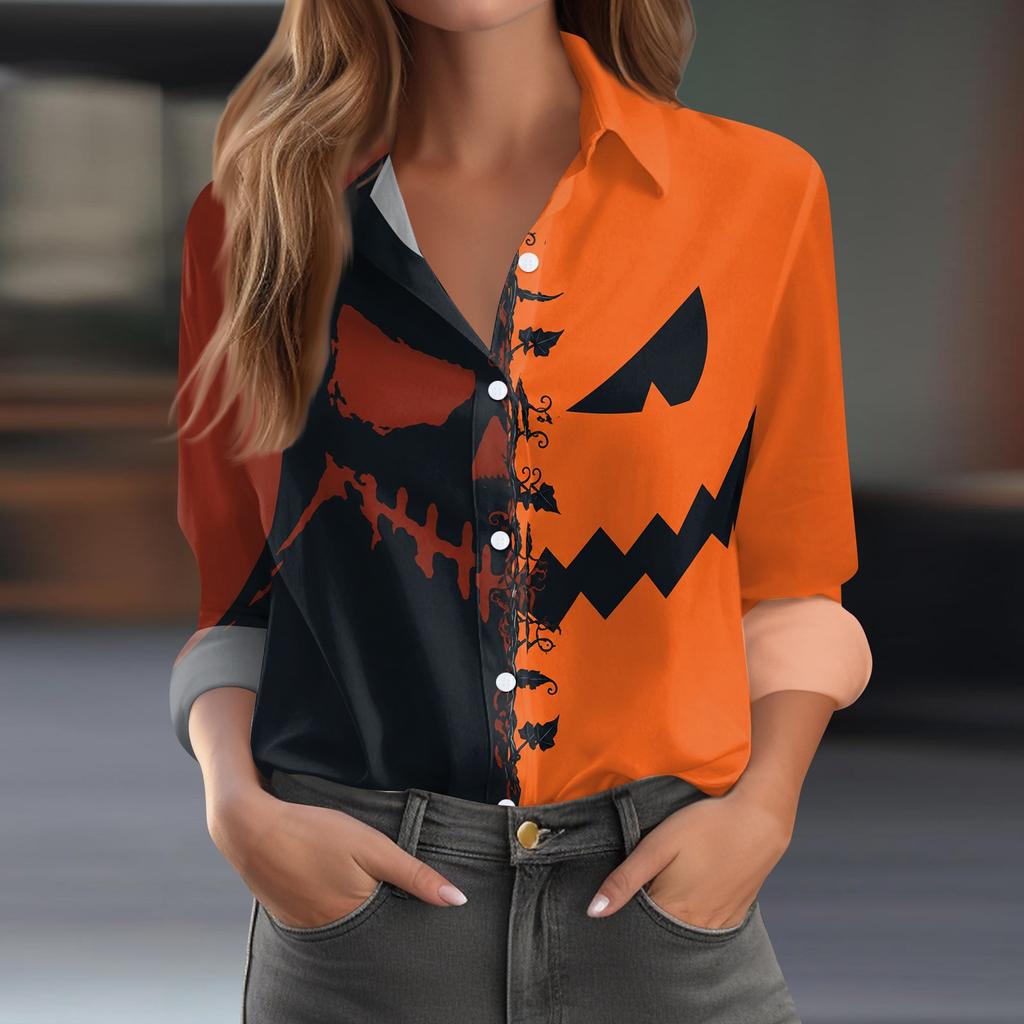 Women's Long Sleeve Button Down Shirt Casual Halloween Print Top Blouse