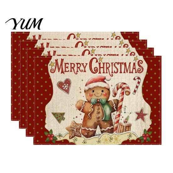 Holiday Party Supplies 4Pcs Christmas Linen Placemat Set, Cartoon Snowman Gingerbread Gnome Table Heat Insulation Pads Mat, Resistant Place
