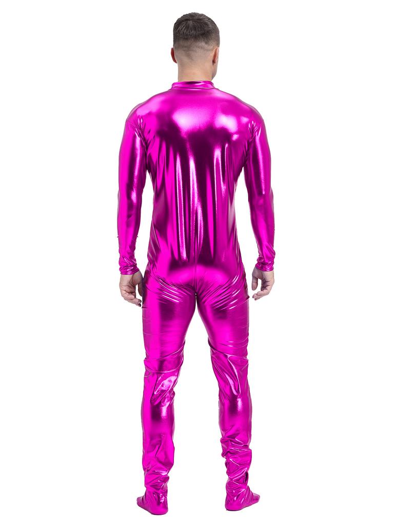 Męski Metaliczny Kombinezon Zentai Całe Ciało Obcisły Golf Długi Rękaw Kostium na Występy Klubowe