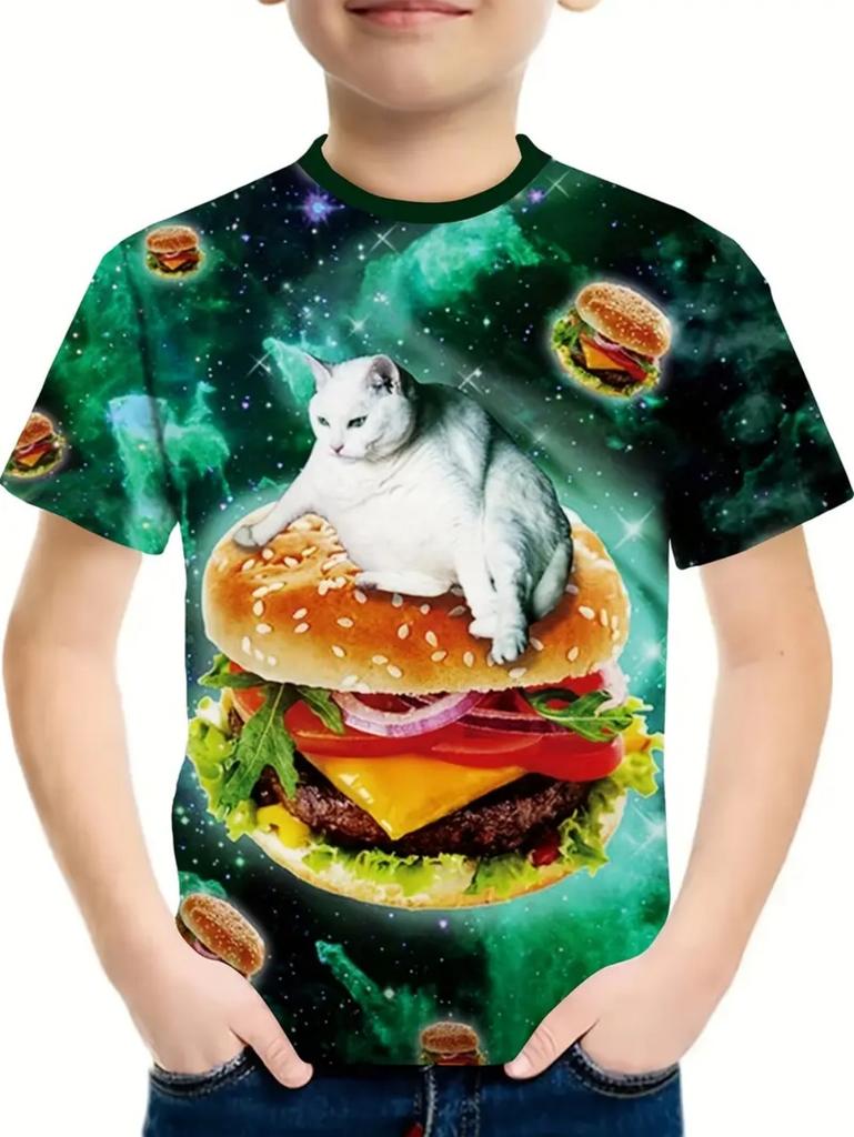 Boy's T-Shirt Cute Cat Taco Pizza Pattern 2025 Summer Short Sleeve Tops Colorful 3D Print Boys Clothes Loose Children's Clothing