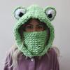 Thick Yarn Full-Face Coverage Hooded Mask with Moisture-Wicking Suitable for Halloween Cosplay, Stretchable Frog-Themed Neck Warmer & Warm Hat for And