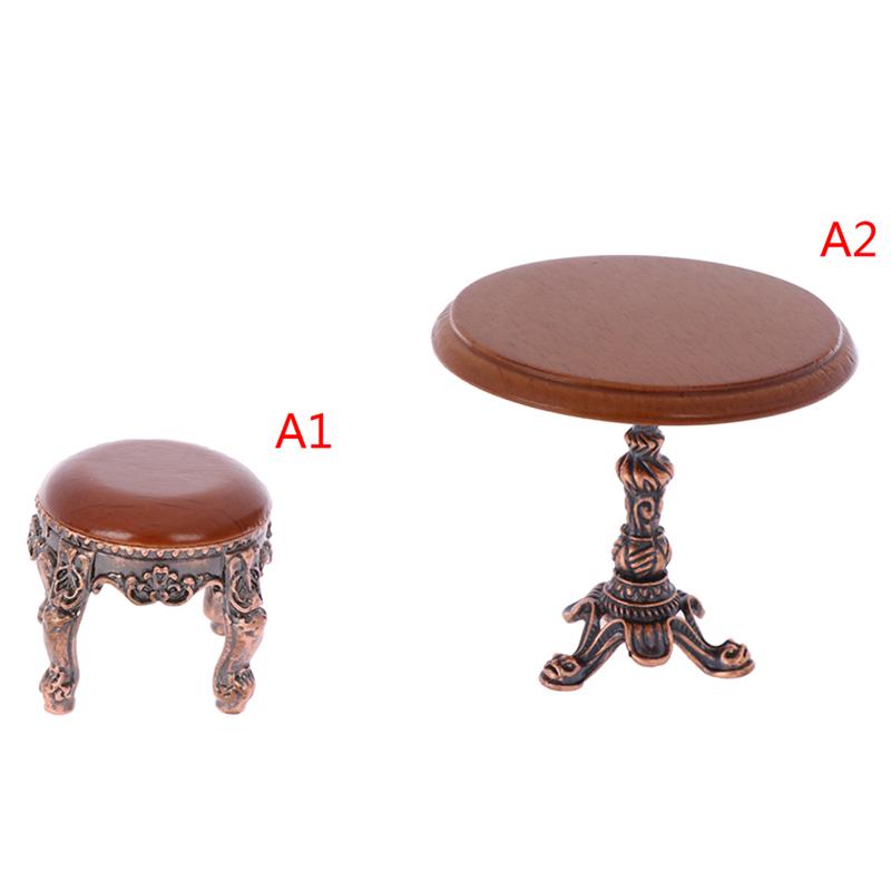 1:12 Dollhouse Miniature Furniture Wooden Round Kitchen Side Table And Stool