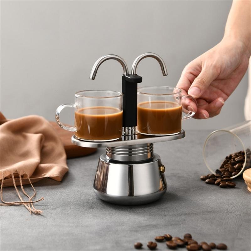 Induction-Compatible Double-Spout Mocha Pot, Brushed Steel Coffee Maker for About Two Espresso-Size Cups On Common Cooktops