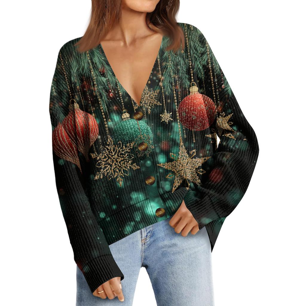 Women's Fashion Long Sleeve Print V-Neck Button Loose Cardigan Top