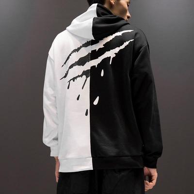 Moletom com capuz masculino preto e branco com marca de garra - Estilo hip-hop moderno para casais