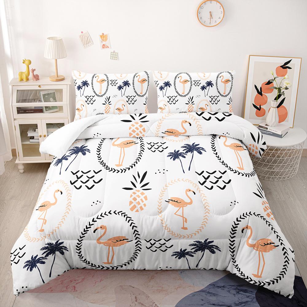 Cartoon Flamingo Duvet Cover Set, Tropical Leaves Comforter Cover Palm Tree Pattern Bedding Set, Colorful Polyester Quilt Cover