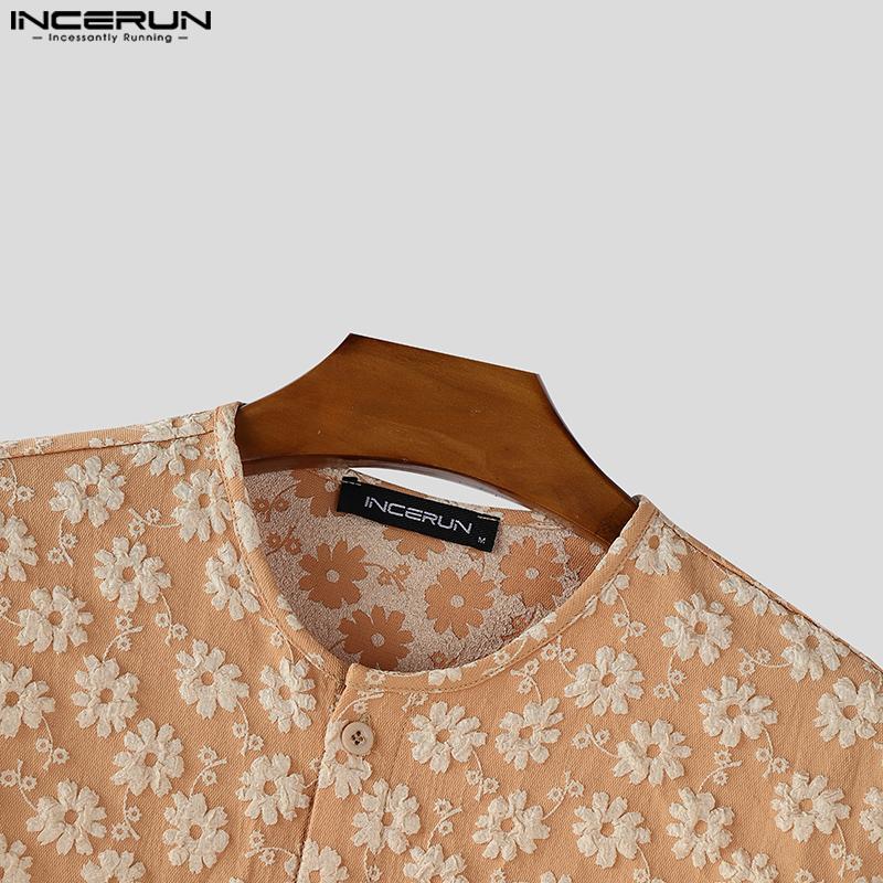 INCERUN Oversized Men Collarless 3/4 Sleeve Flowers Texture Casual Tunic Tops Shirts