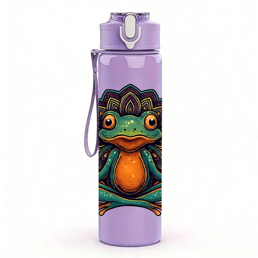 1 Stück Frosch auf Lotos-Kunstdruck 750ml Farbige Kunststoff-Sportwasserflasche Auslaufsicherer Klappdeckel mit Strohhalm Geeignet für Sport, Büro, Zuhause