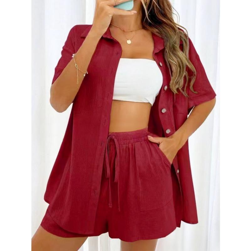 Fashion Shorts Two-piece Solid Color Shirt Suit Women's Casual Loose Short-sleeved Single-breasted