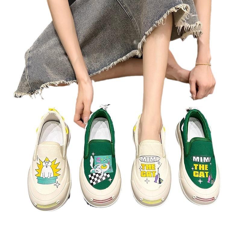 Spring and summer canvas shoes women's new platform graffiti casual lazy one pedal niche casual shoes women