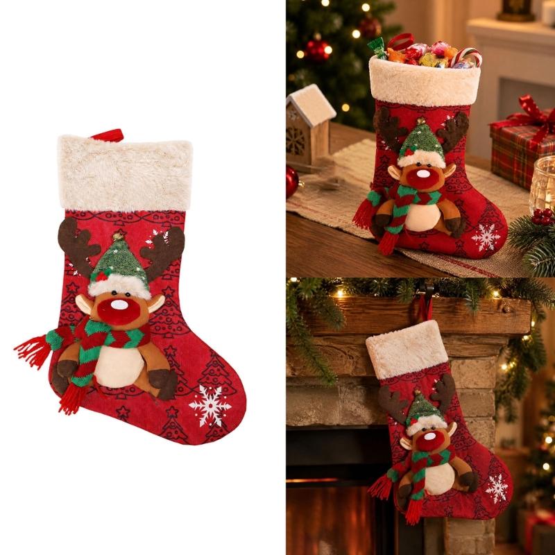 Polyester Christmas Stocking Decoration with Integrated Loop, Raised Holiday Character, Tree Print and Small Bell Feature