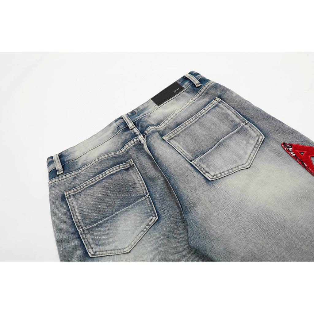 Amiri Trendy American Style Internet Famous Jeans with Fabric Patches, Torn Holes, Embroidery, Casual Trendy High Street Pants