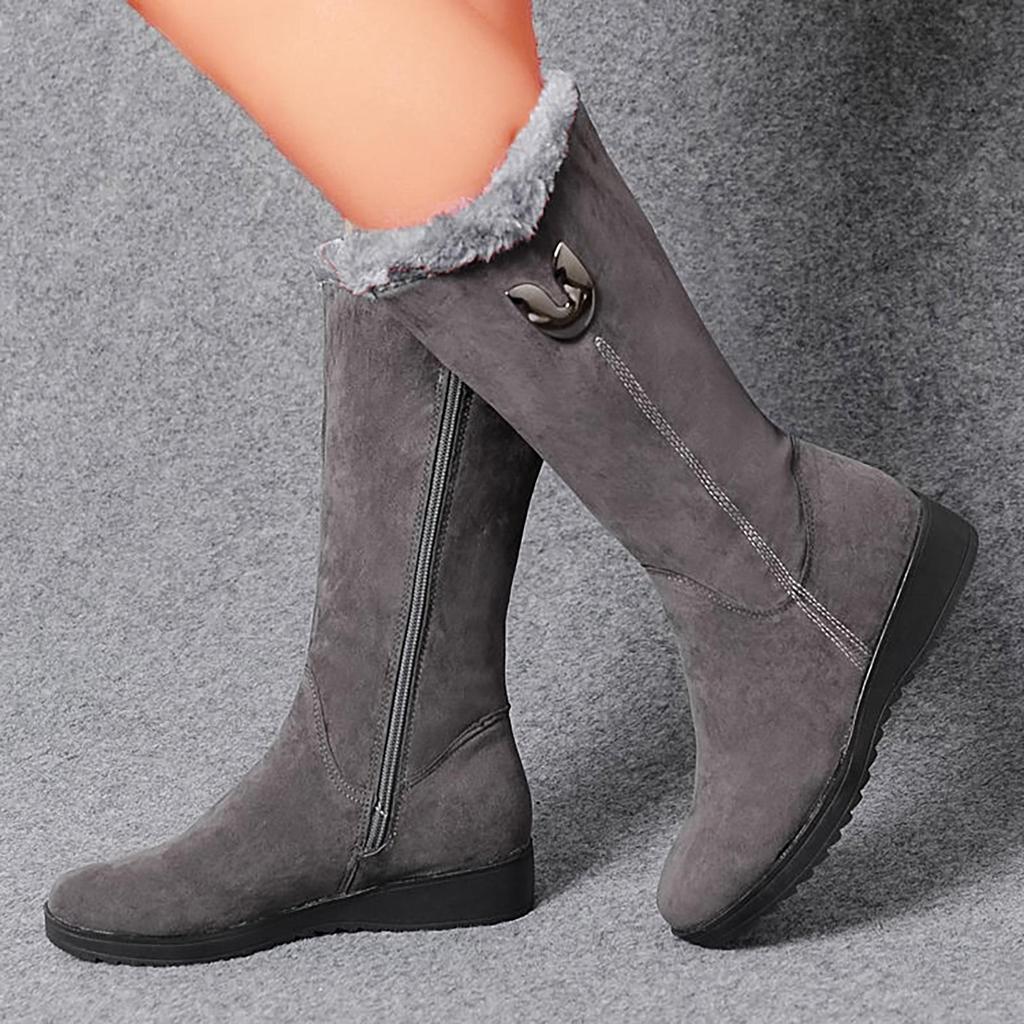 Winter Versatile Snow Boots Women Padded Thickened Mid-Calf Boots Slope Heel Non-Slip Warm Side Zipper Cotton Shoes