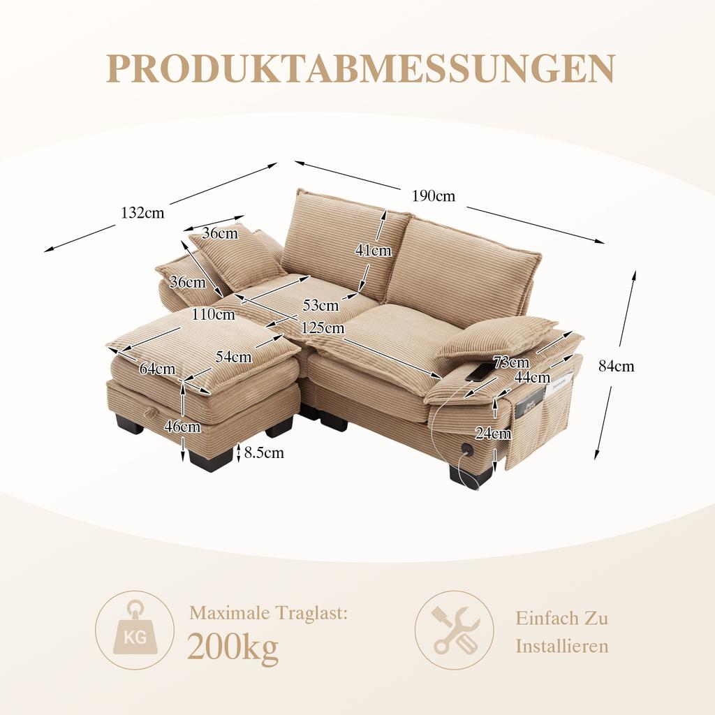 Modular 2-seater Corduroy Sofa (with Ottoman) – Wide Seat, Ergonomic Design, High-density Foam Padding, USB-C Port, Side Pockets. Khaki