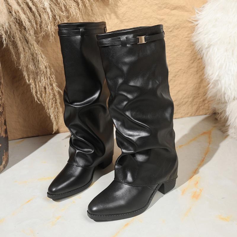 2025 Fall/Winter New Pointed Large Metal Buckle Mid-Length Plus Size Thick Heel Fashion Boots Women