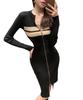 Religieuse Striped Rib Knit Long Zipper Dress Women's Two-Tone (Black)