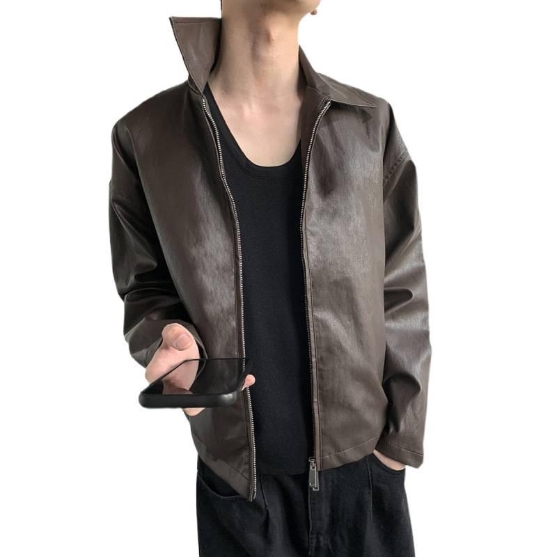 Men's Trendy Korean Style Leather Jacket - 2024 Spring/Autumn, Short Loose Fit with Lapel.
