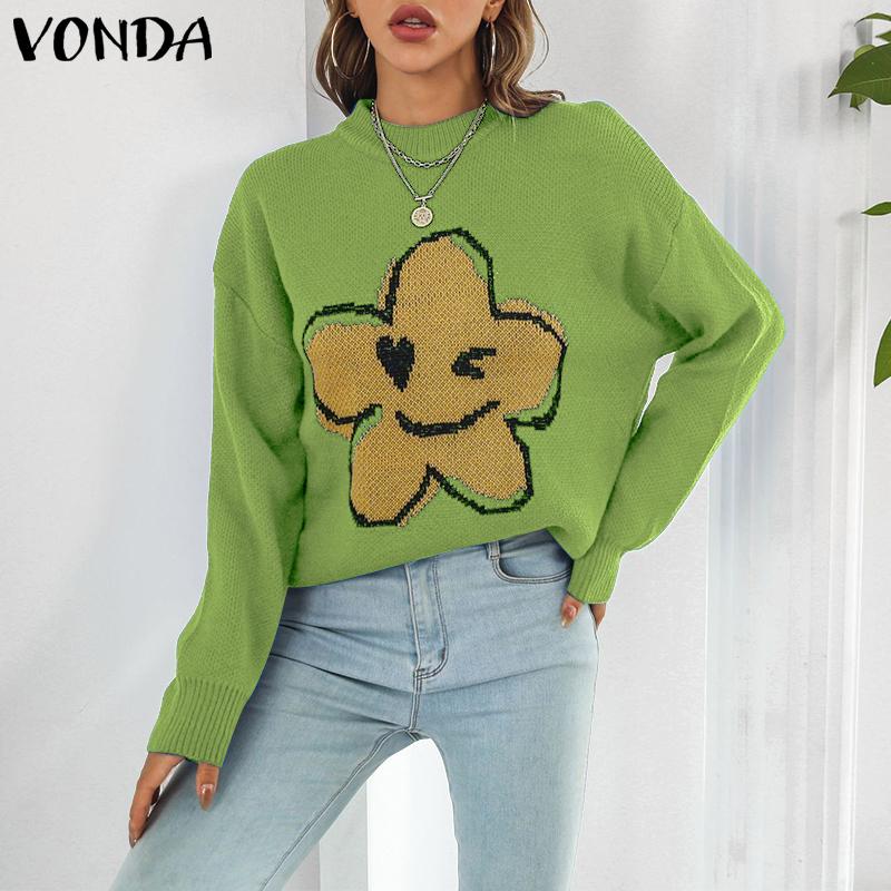

VONDA Autumn Winter Women Round Neck Print Casual Knitted Sweaters Jumpers M зелёный