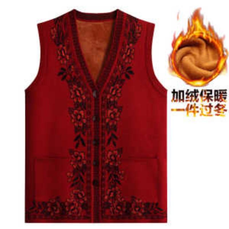 Middle-aged Autumn Winter Clothes Plus Velvet Horse Clip Women's Warm Vest Mother's Suit Thickened Sweater Knitted Cardigan
