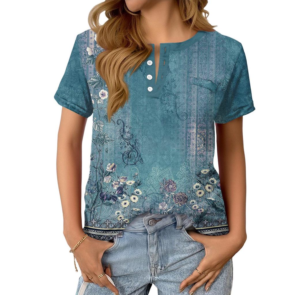 Damska Modna Casualowa Letnia Retro Nadruk Dekolt V Guziki Krótki Rękaw Góra