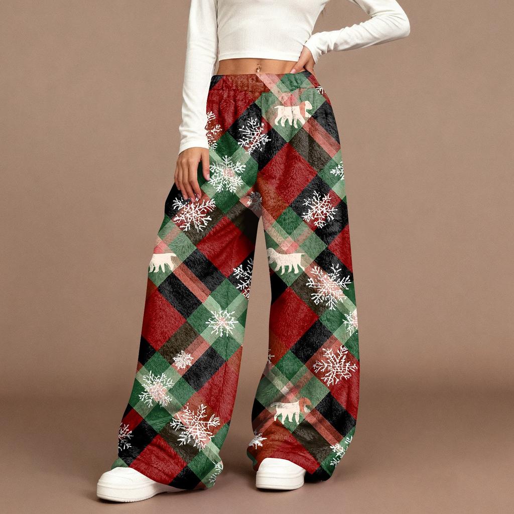Women's Casual Fashion Christmas Print Elastic Waist Loose Plush Wide Leg Pants