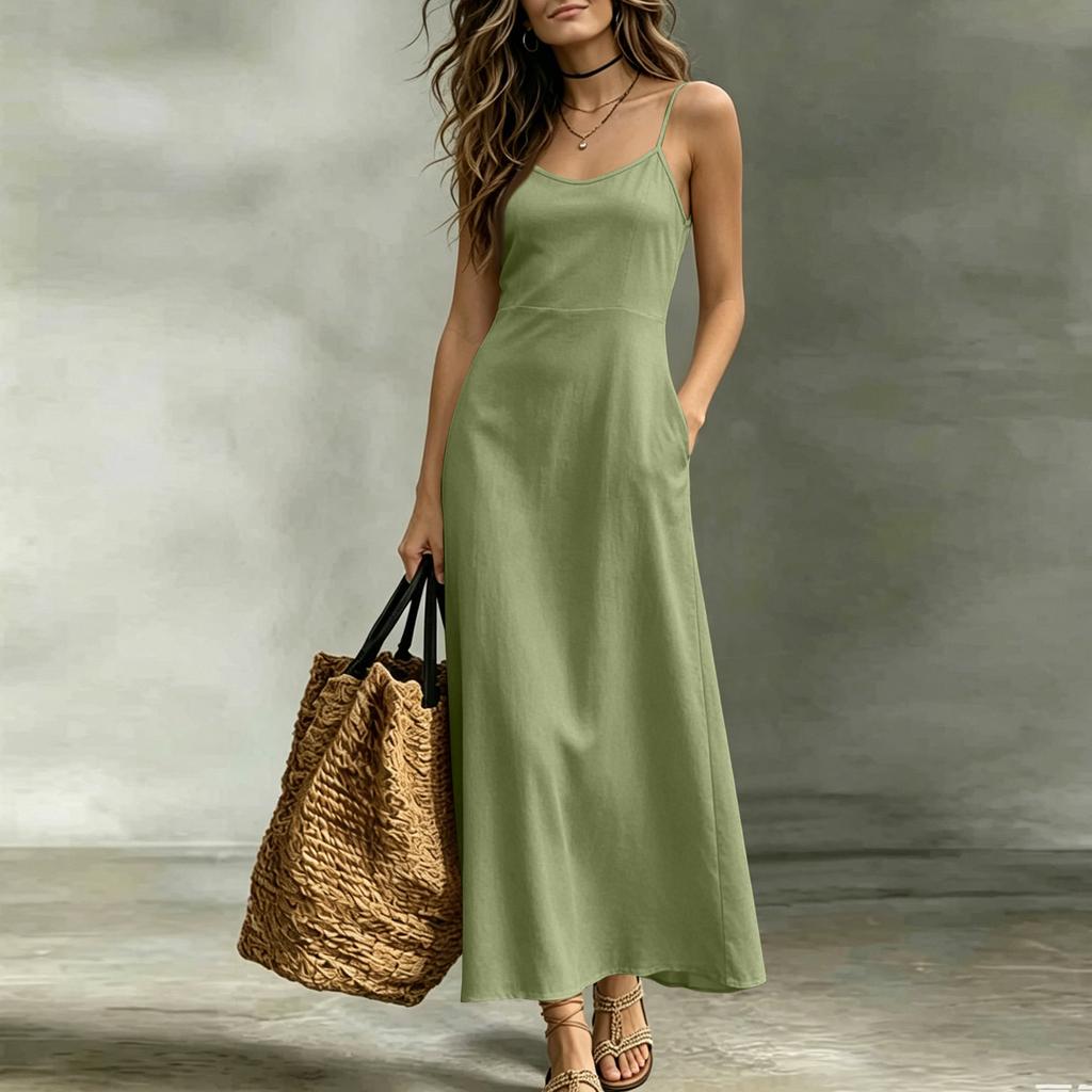 Women V Neck Sleeveless Long Dress Summer Spaghetti Strap Casual Loose Fit Maxi Dress Solid A Line Sundress