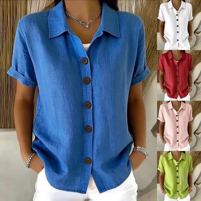 Women's Linen Blend Rolled Sleeve Shirt Button Down Casual Short Sleeve Blouse