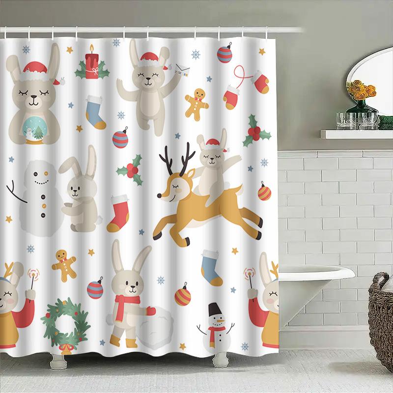 Christmas Shower Curtain Festive White Holiday Decor With Reindeer And Bunnies For Bathroom