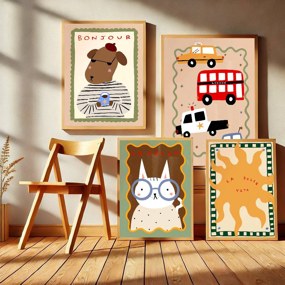 Bohemian Sun Moon Animal Cartoon Illustration Classic Vintage Posters Whitepaper Prints Posters Artwork Kawaii Room Decor