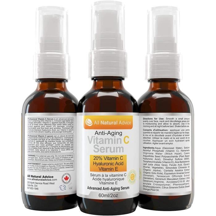 20% Sérum De Vitamine C – Deux Fois La Taille Bouteille 60ml FABRIQUÉ AU CANADA 20 % Vitamine C + Acide Hyaluronique + Vitamine E-an