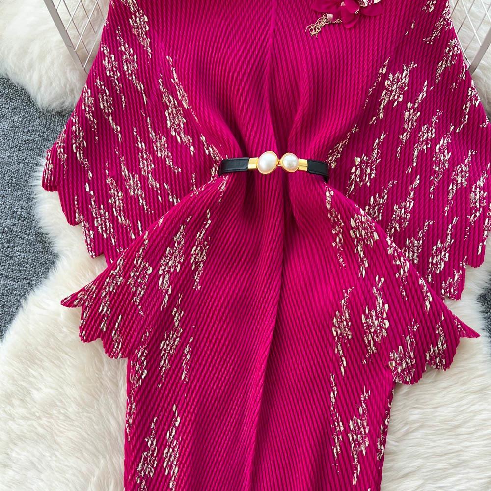 Jarní podzimní dámské elegantní 3D květinový tisk Miyake s přehybem a netopýřím rukávem, nadměrné volné skládané šaty s páskem