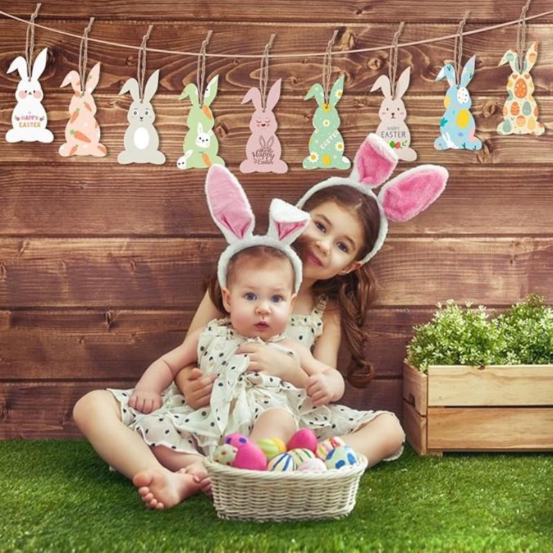 6/12Pcs Easter Wooden Bunny Pendants Blank Rabbit Wood Chips Kids Easter Party DIY Painting Crafts Gift Home Hanging Decoration
