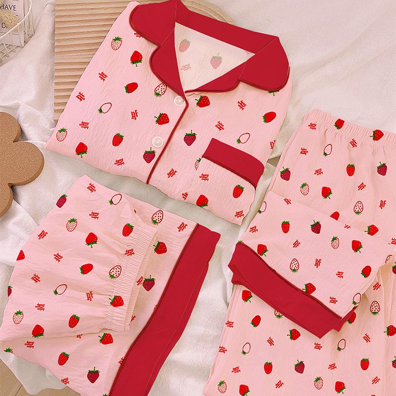 Cloud Cotton Spring Summer Pajamas Women Cute Strawberry Loungewear Summer Short Sleeve Three-Piece Set