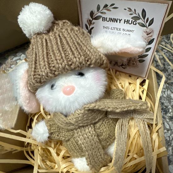 Mini-Häschen-Umarmung, Ostergeschenk, Plüsch-Kaninchenpuppe mit Strickmütze und Bommeltasche, emotionales Unterstützungstier mit Geschenkbox, inspirierende Karte