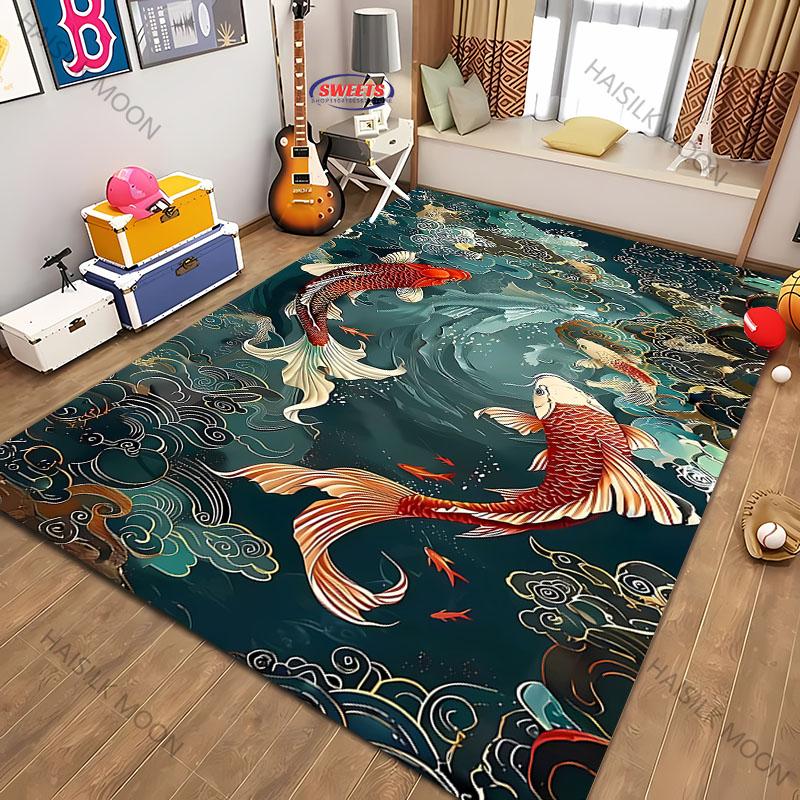 3D National Trend Koi Carp Playing Cloud Carpet Living Room Rug Room Decor Summer Indoor Floor Mat Color Office Multi-scene Rug