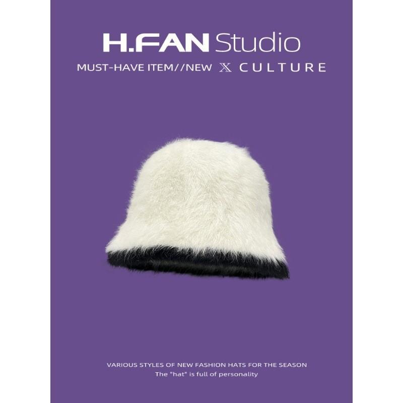 Stylish Texture Winter Fisherman Hat Women s Round Top Wide Brim Rabbit Fur Knit Face-shielding Cap White Black
