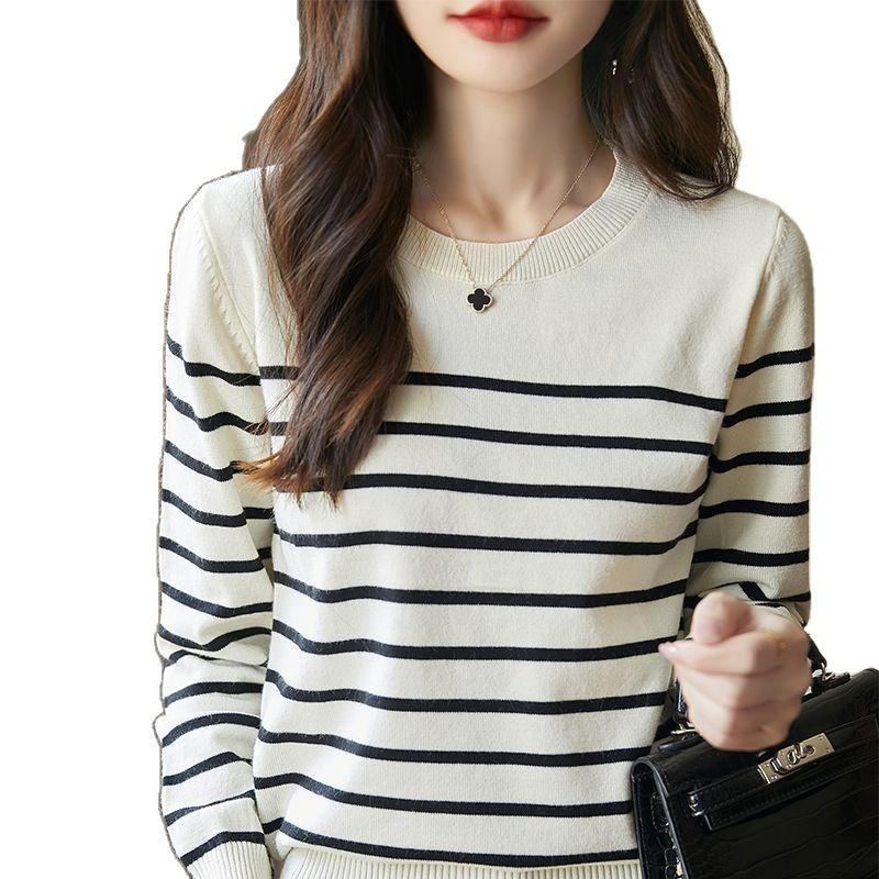 Striped Knitted Base Sweater for Women Loose Fitting Sweater for Slimming Long Sleeved Top