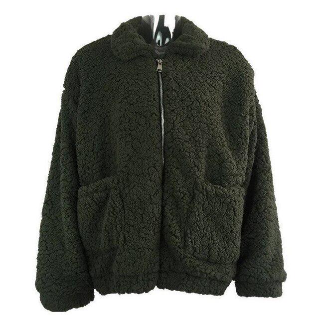 Oversized Faux Teddy Bear Coat  Autumn Winter Warm Thick Bomber Jacket Women Fuzzy Zipper Jackets