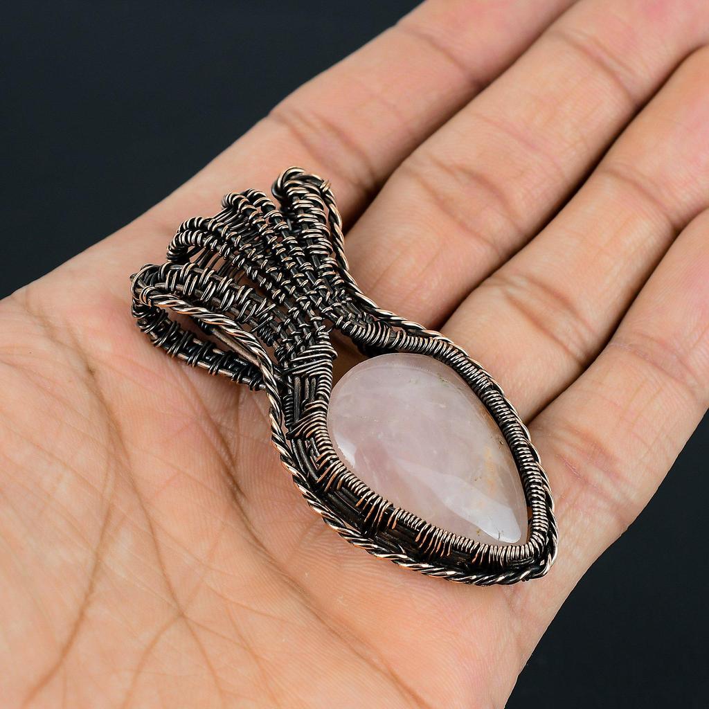 Awesome Rose Quartz Gemstone Handmade Pure Copper Wire Wrap Jewelry Pendant For Women