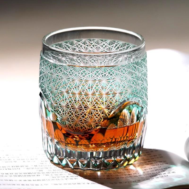 Japanese Top Edo Kiriko Hand Carving Crystal Whiskey Glass Green Chrysanthemum Sea Wave Brandy Liquor Snifter Wine Cup Drinkware