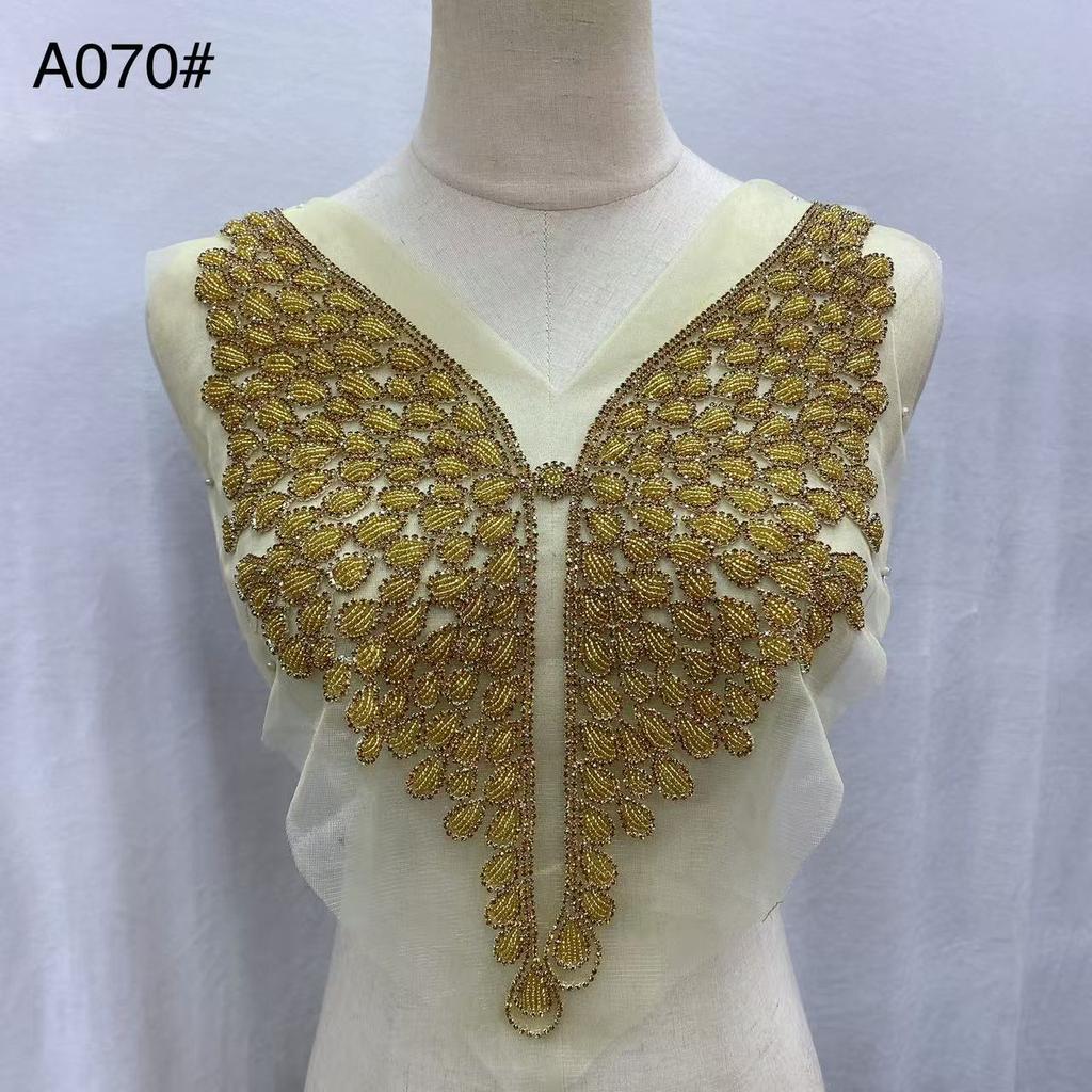 Beaded Rhinestone Crystal Fabric Bodice Applique Rose Gold Panel Pedreria Hand-Sewn Shank Style Corset Wedding Dress Evening