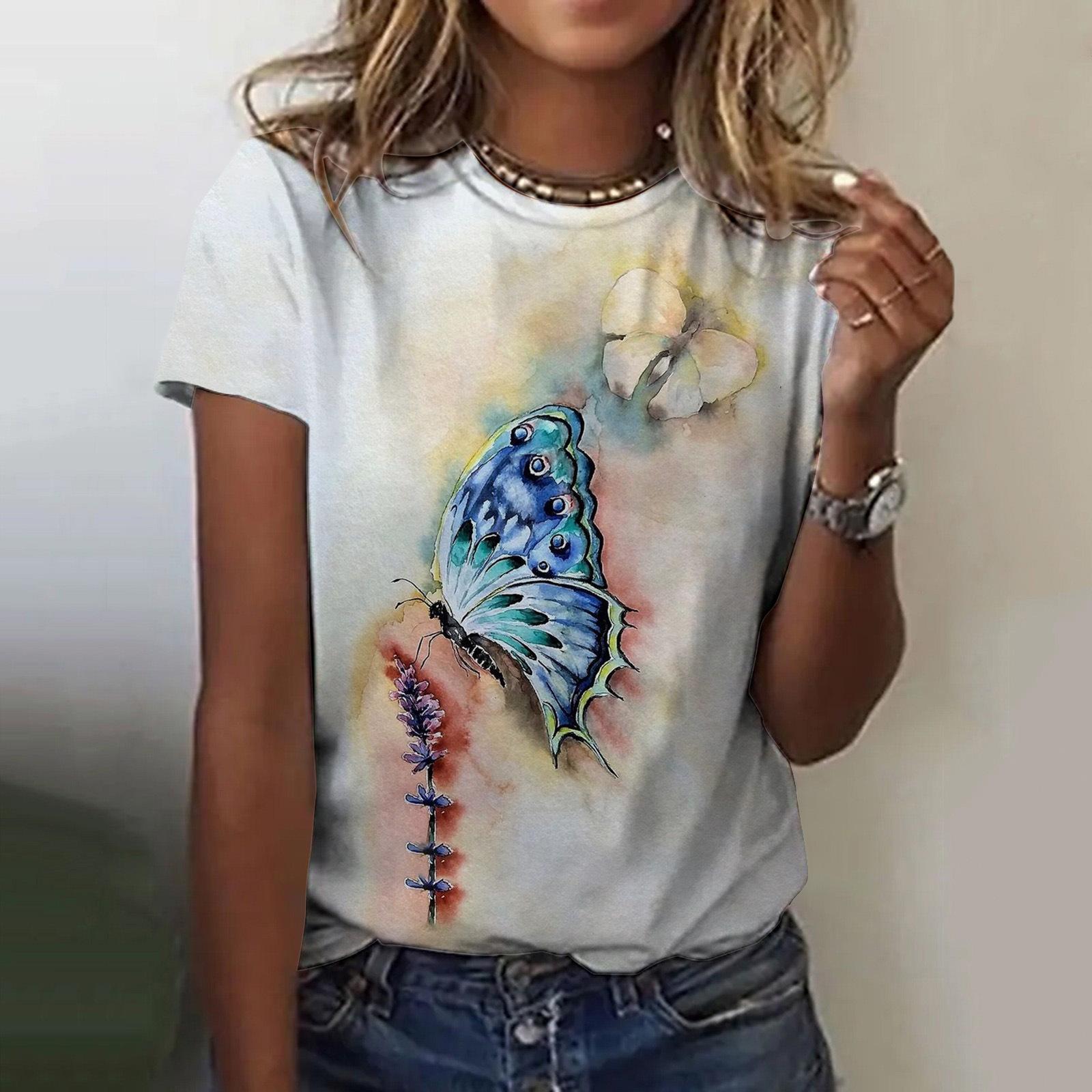 

Европейская и американская женская футболка с коротким рукавом, 3D цифровая печать, цветной принт с бабочками 3180 6XL